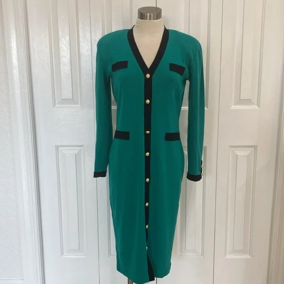 Authentic Original Vintage Style Green Midi Dress with Black Accents - Picture 5 of 16